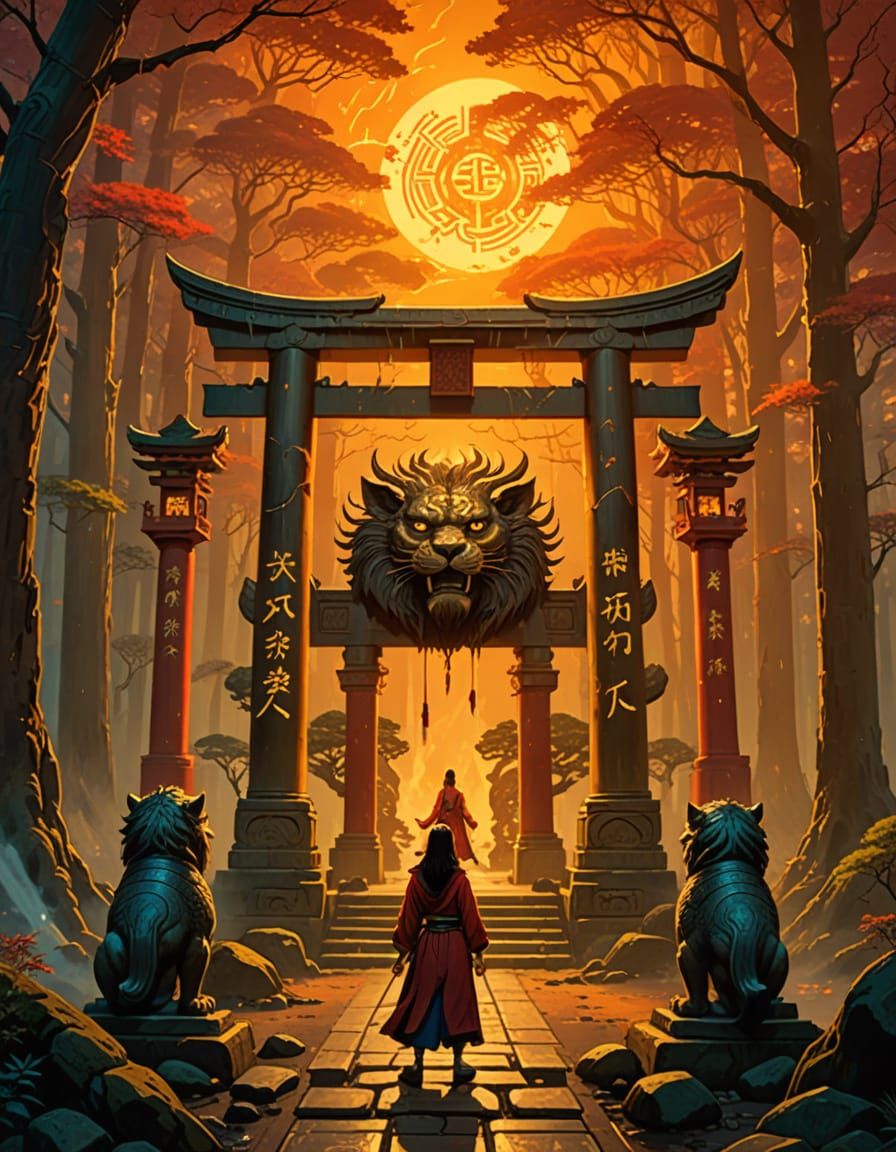 Warrior Guarding Temple Gate in Eerie Golden Light