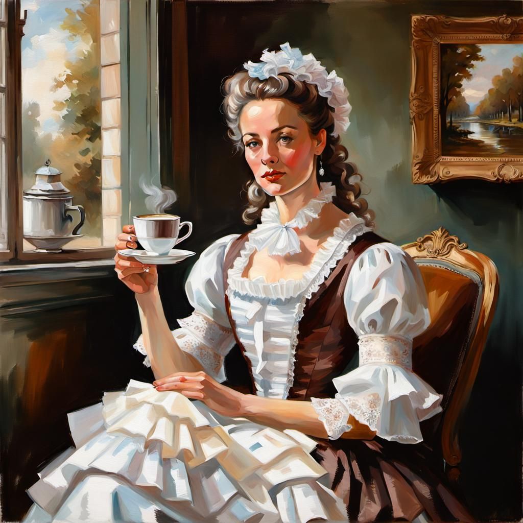 Victorian Woman with Coffee, Hyperrealistic Portrait