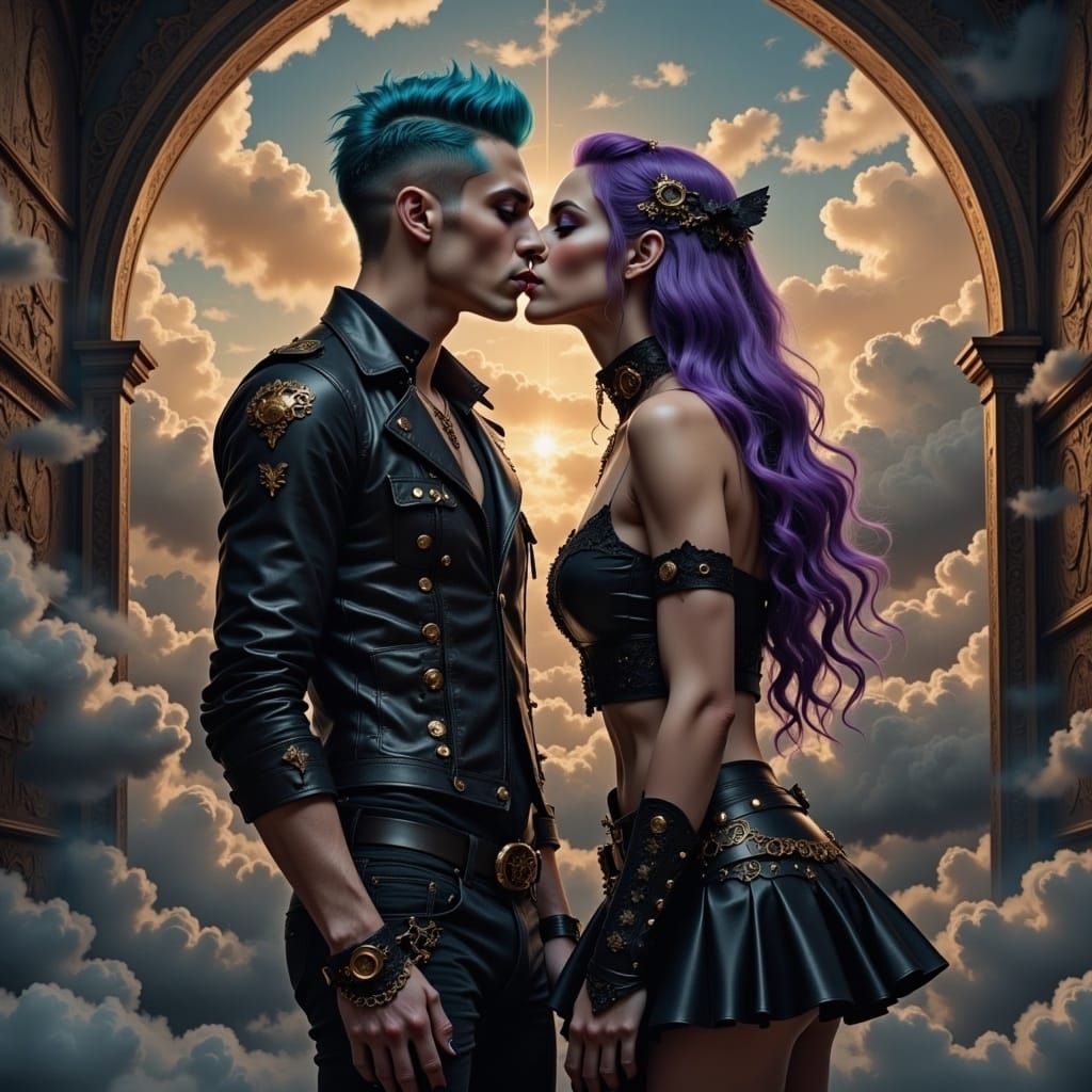 Steampunk Party: Gothic Man Kisses Purple-Haired Woman