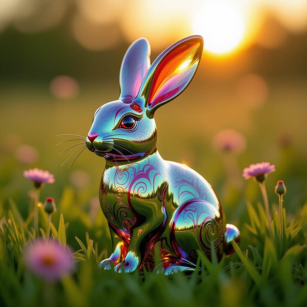 Vibrant Glass Rabbit in Lush Meadow