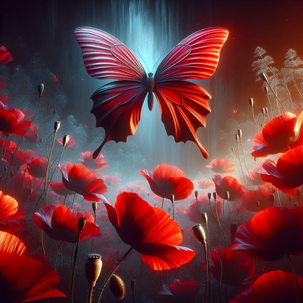 Red Butterfly Among Black Poppies: Matte Painting