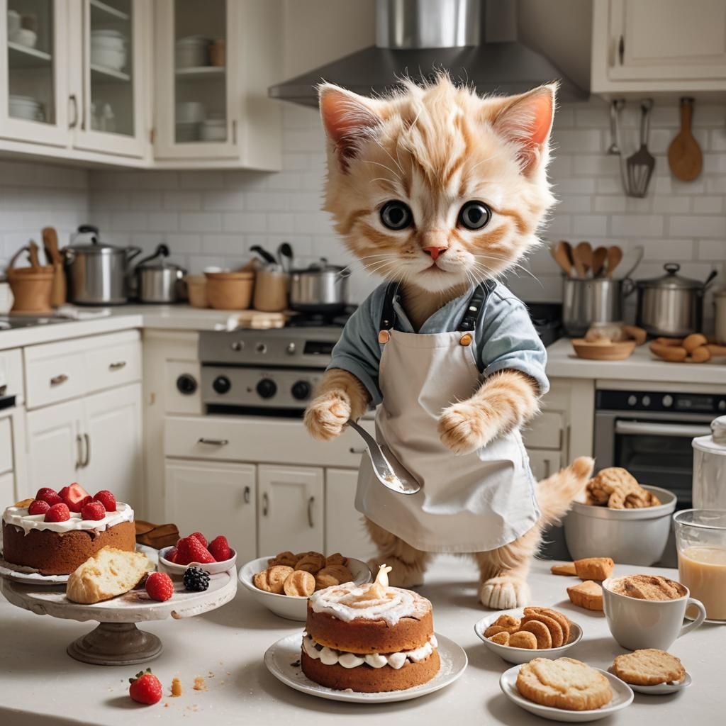 Blonde Kitten Baking Cake in Kitchen Scene