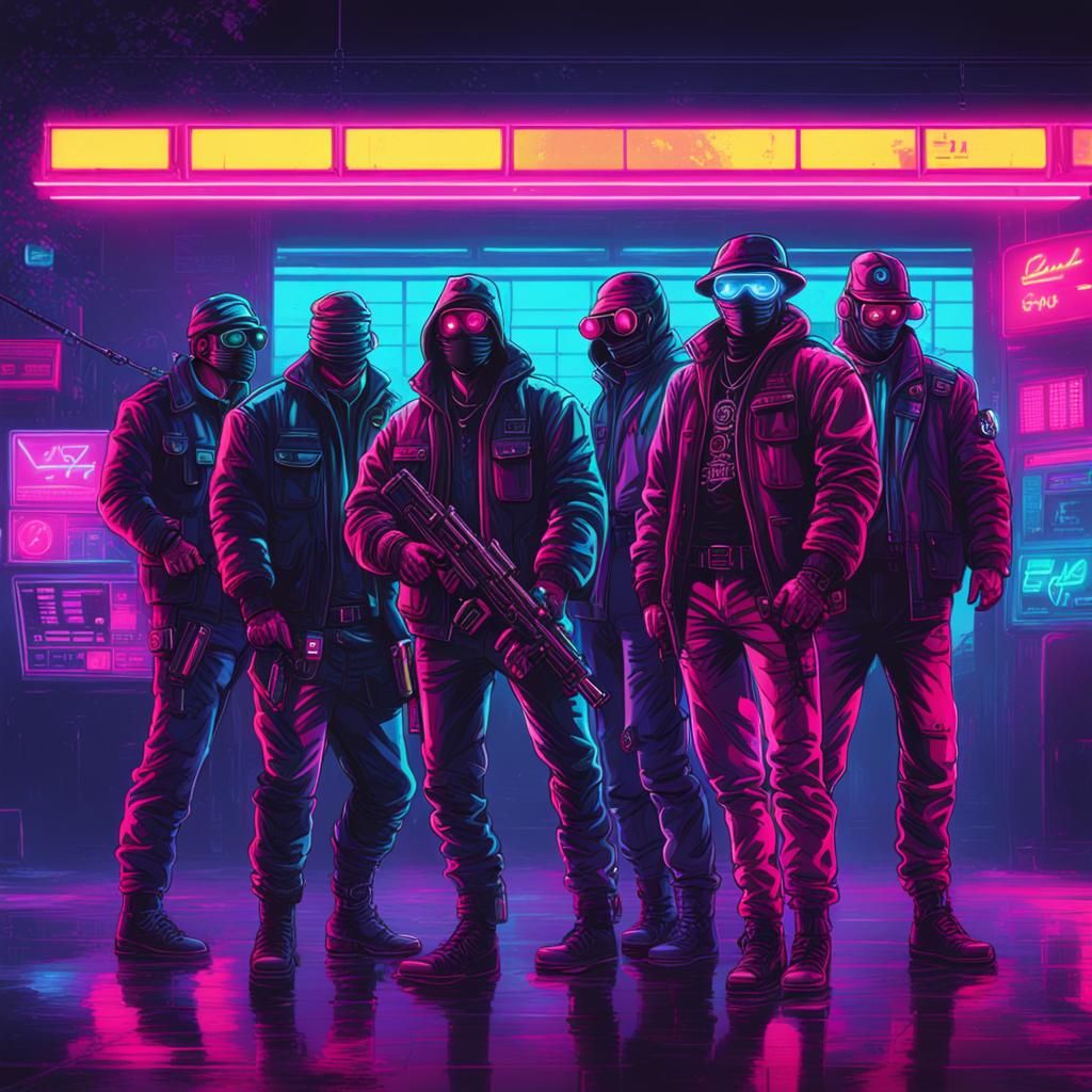 Cyberpunk Gang Bank Robbery in Synthwave Neon