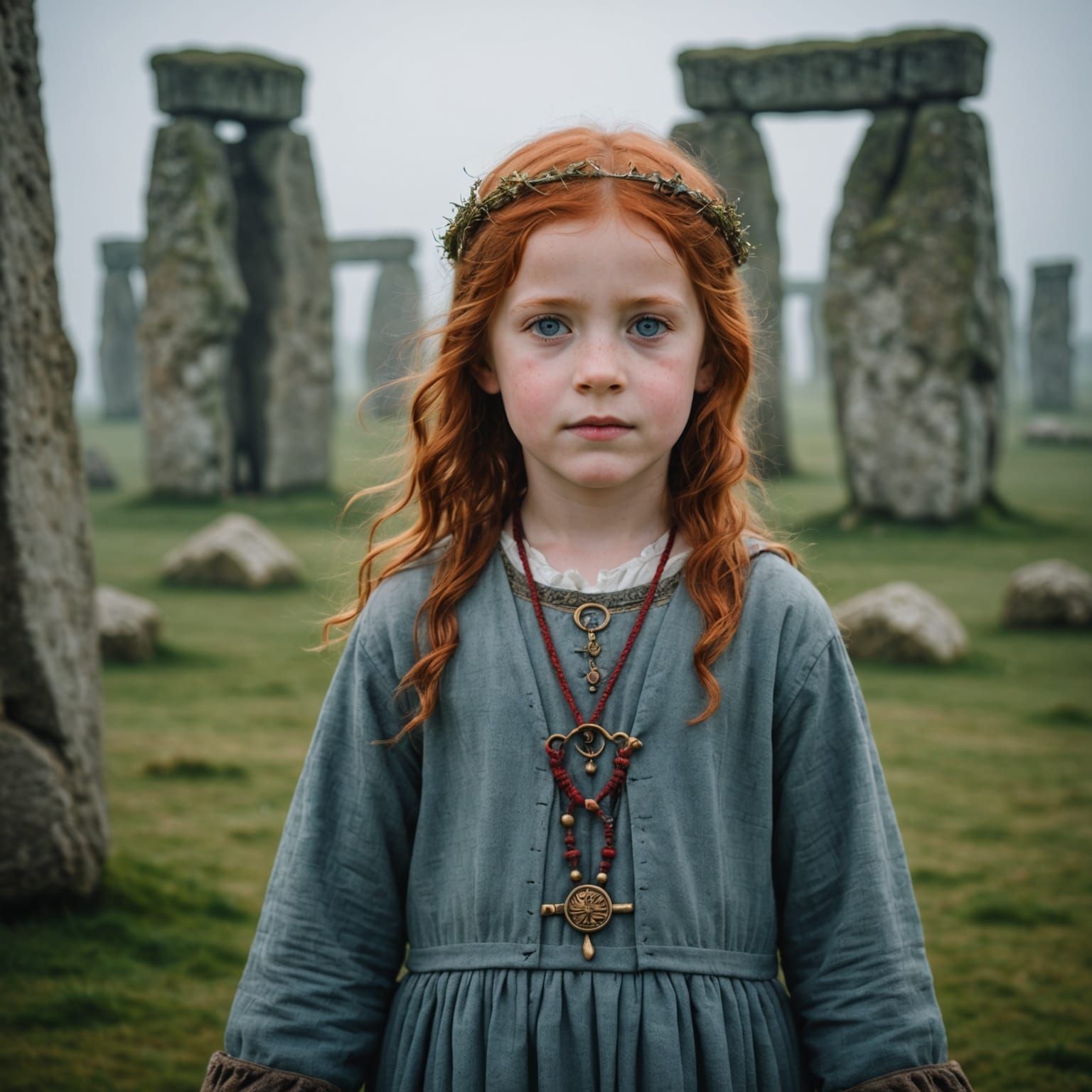 Stonehenge Dawn with Flaming Medieval Girl