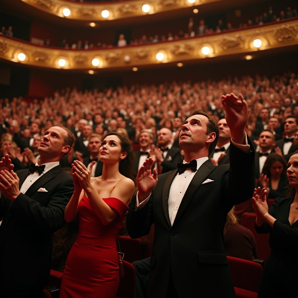 Elegant Patrons Rise to Thunderous Applause in a Grand Theat...