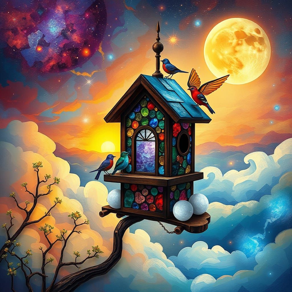 Birdhouse Spaceship in Sunset Galaxy, Dreamy Surrealist Art