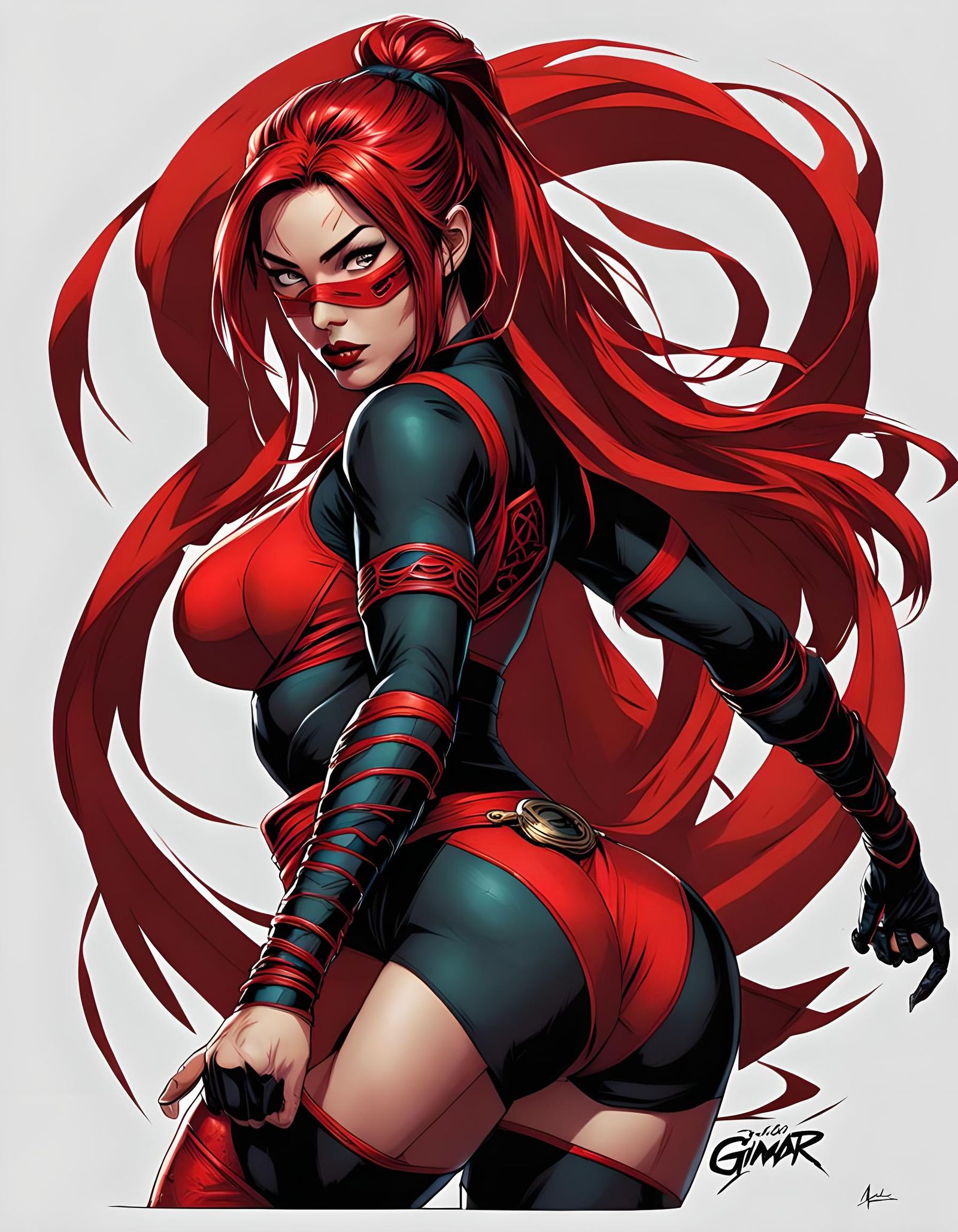 Asían girl red ninja hosiery