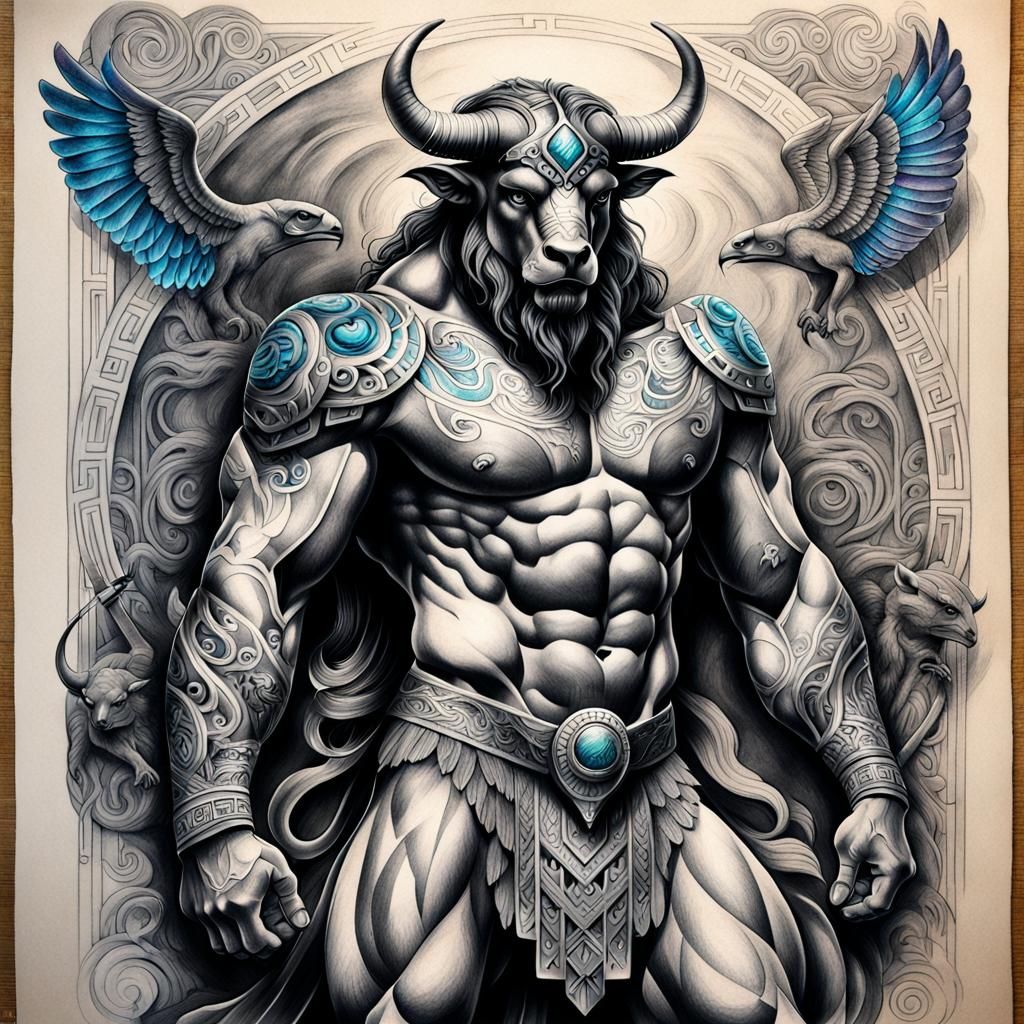 Tattoo design, minotaur, with iridescent falcon,full body, with ancient Greek background