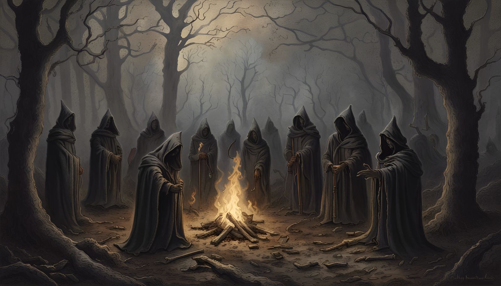 Medieval Monks Bonfire in Dark Forest