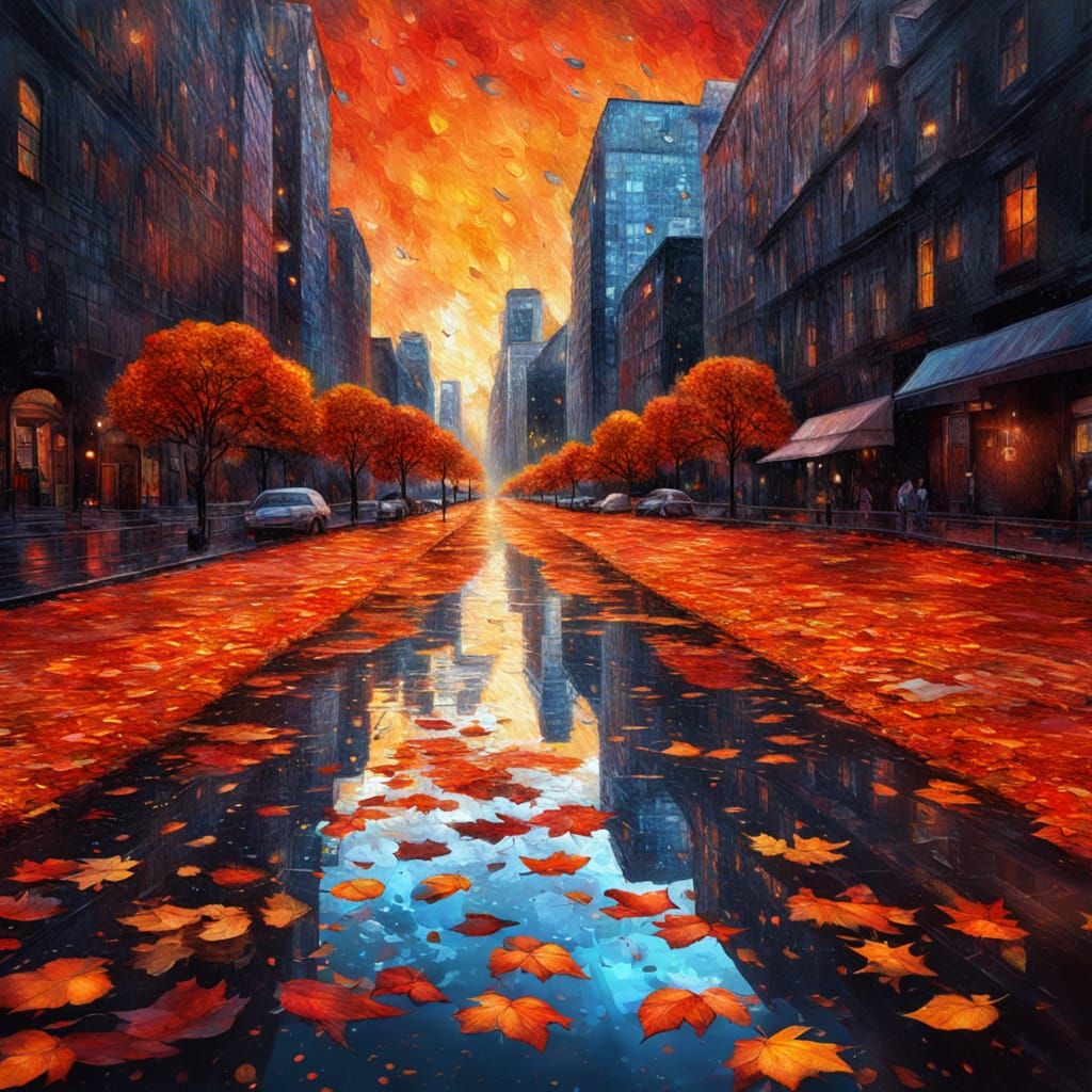 Autumn Rains in Dark City with Orange Leaves