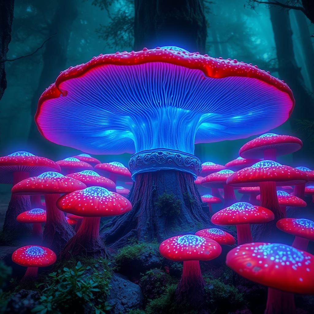 Bioluminescent Fungi and Giant Mushrooms in Emerald Forest