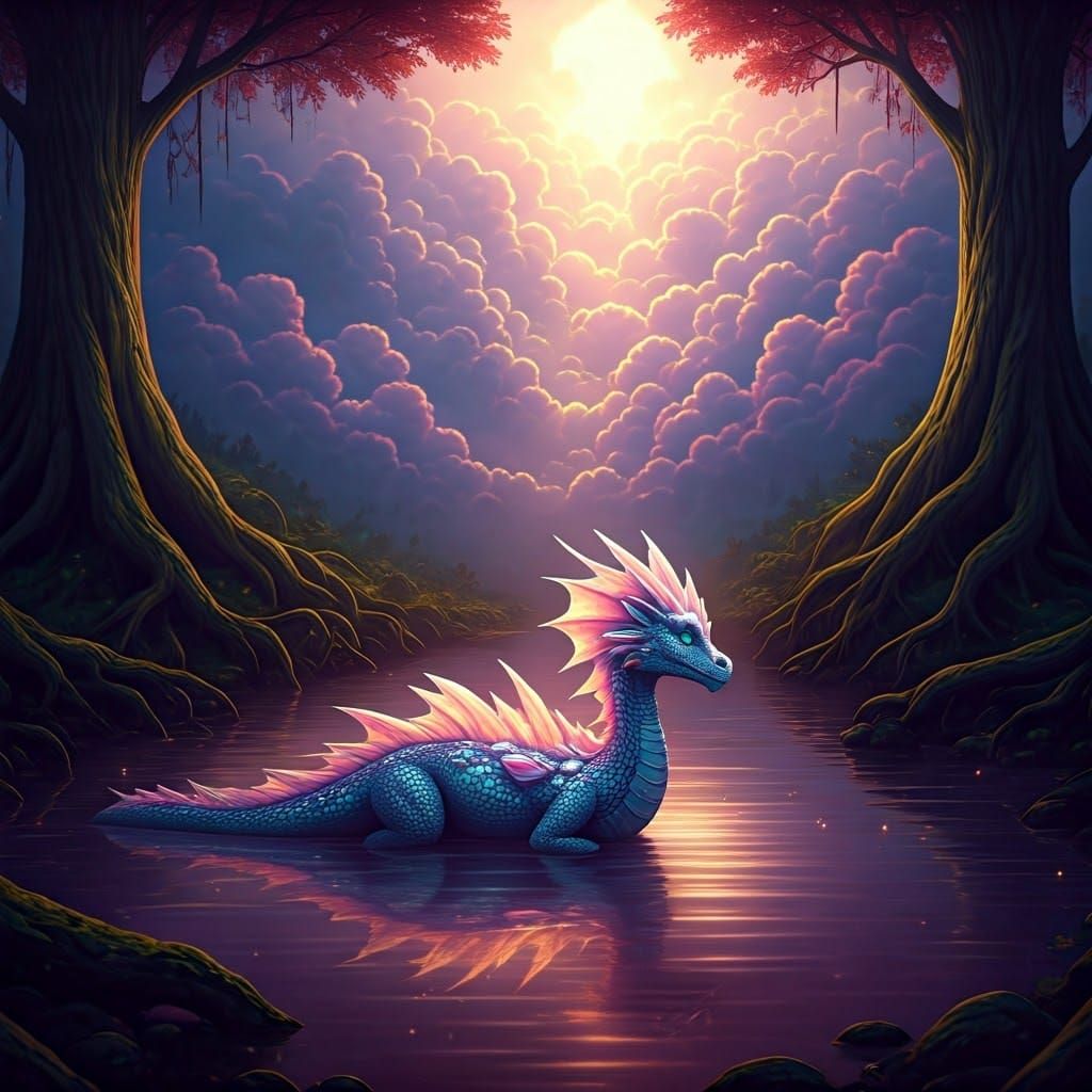 Majestic Lavender Dragon Soars in Enchanted Fantasy Realm