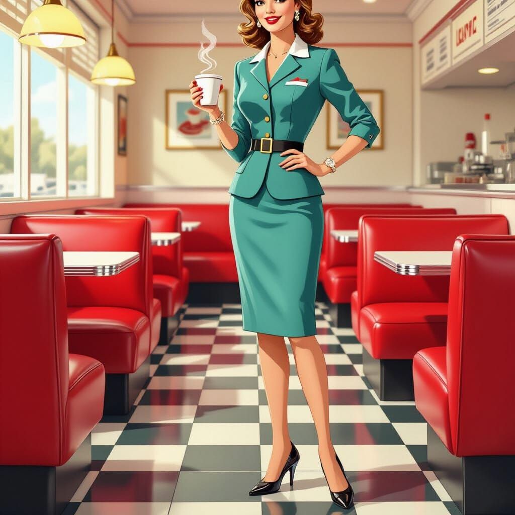 1950s Secretary in Retro Diner, Flat Illustrative Style