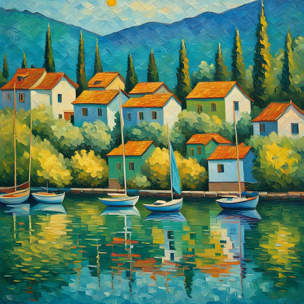 Lake Ohrid Sailboats in Neo-Impressionist Style