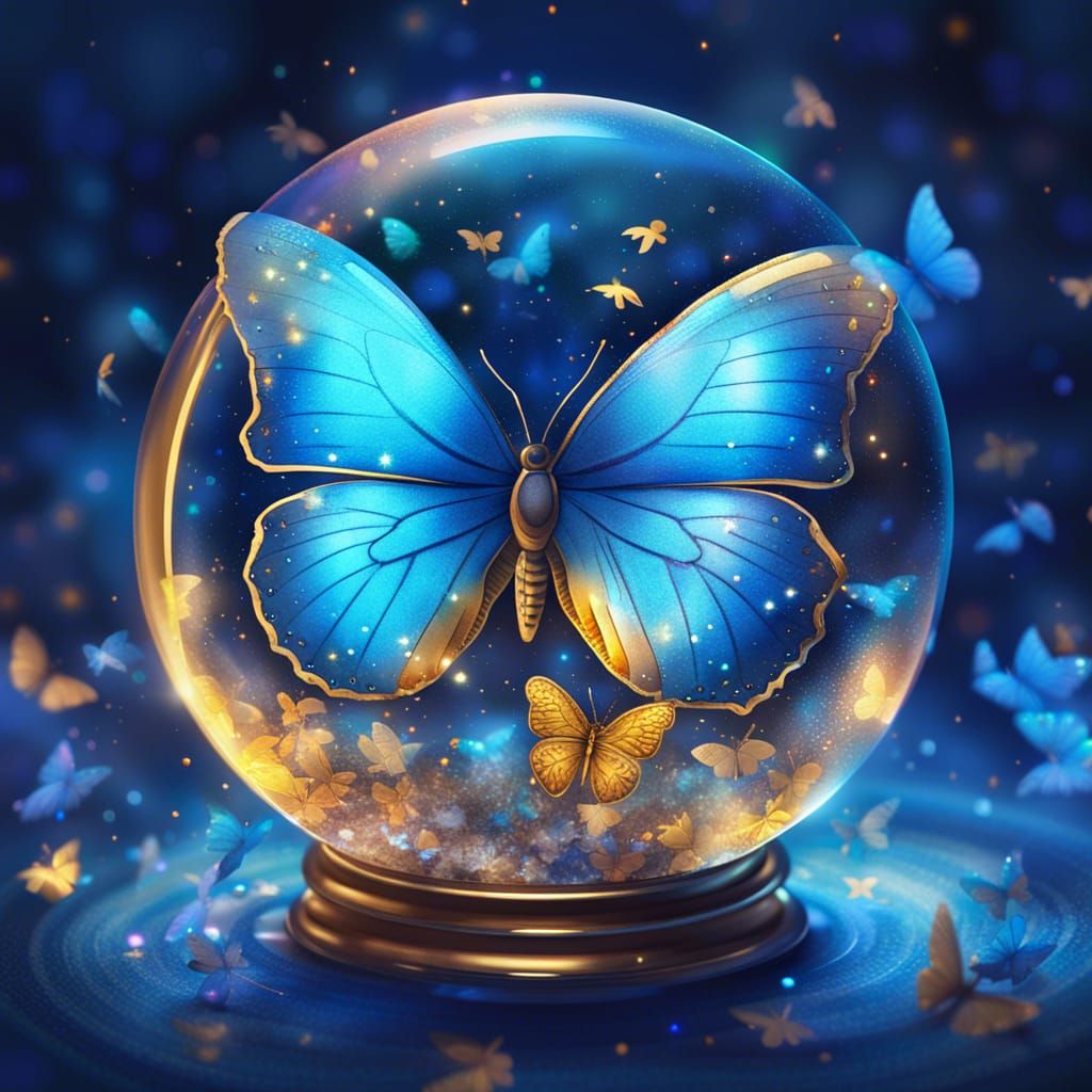 Blue Butterfly in Crystal Ball: Cosmic Illustration
