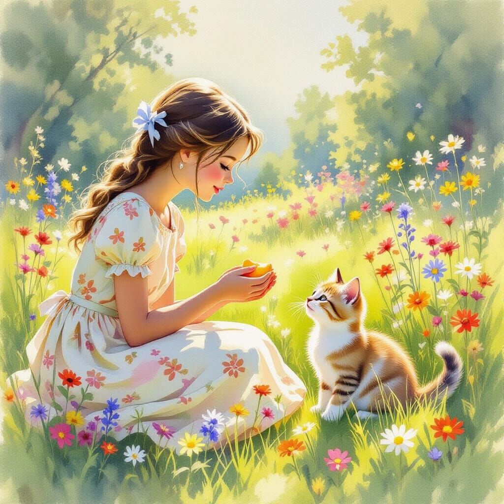 Girl and Fawn in Sunny Meadow, Watercolor Style