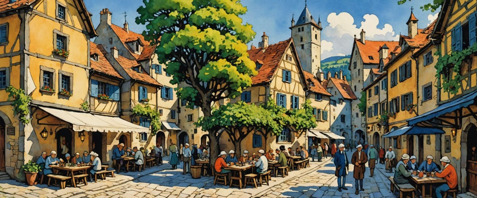 Medieval Village in Impressionist Watercolor Style