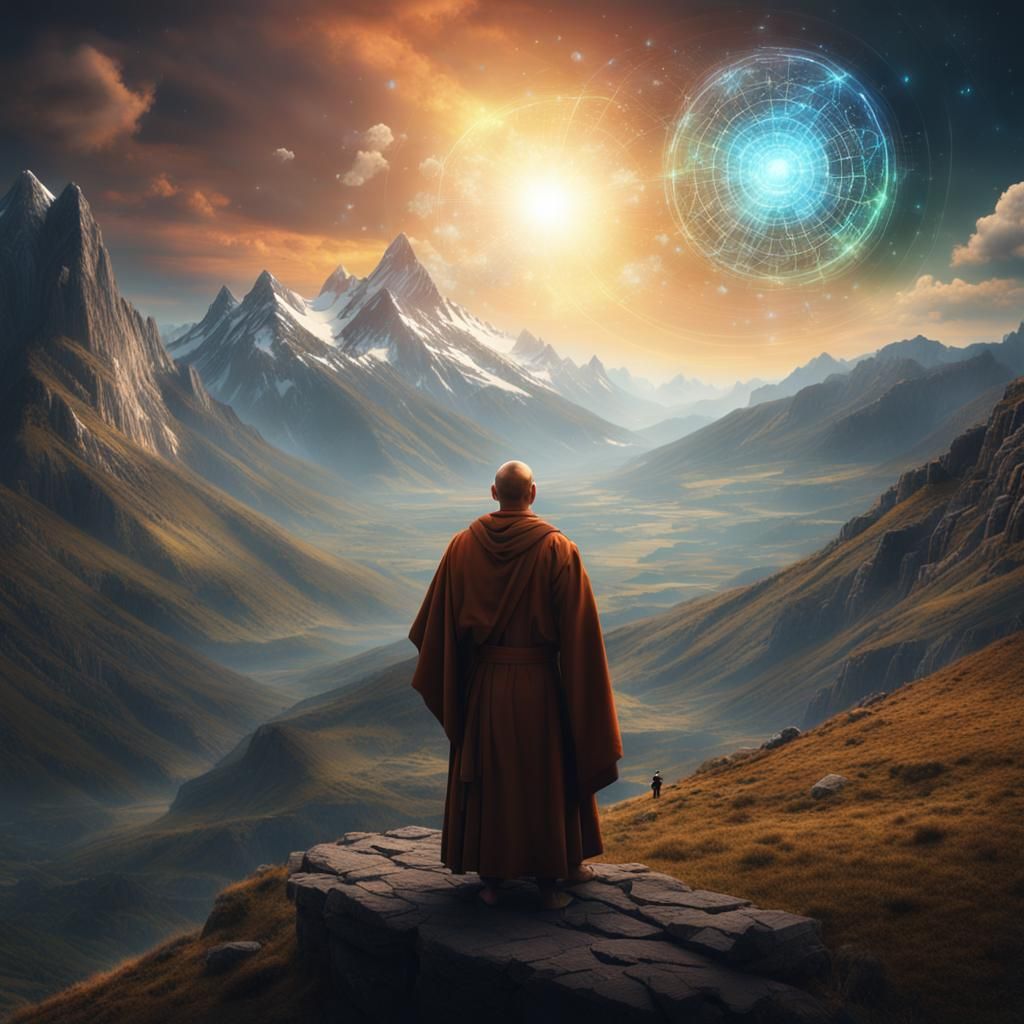 Monk Contemplates Glowing Tessaract in Wilderness
