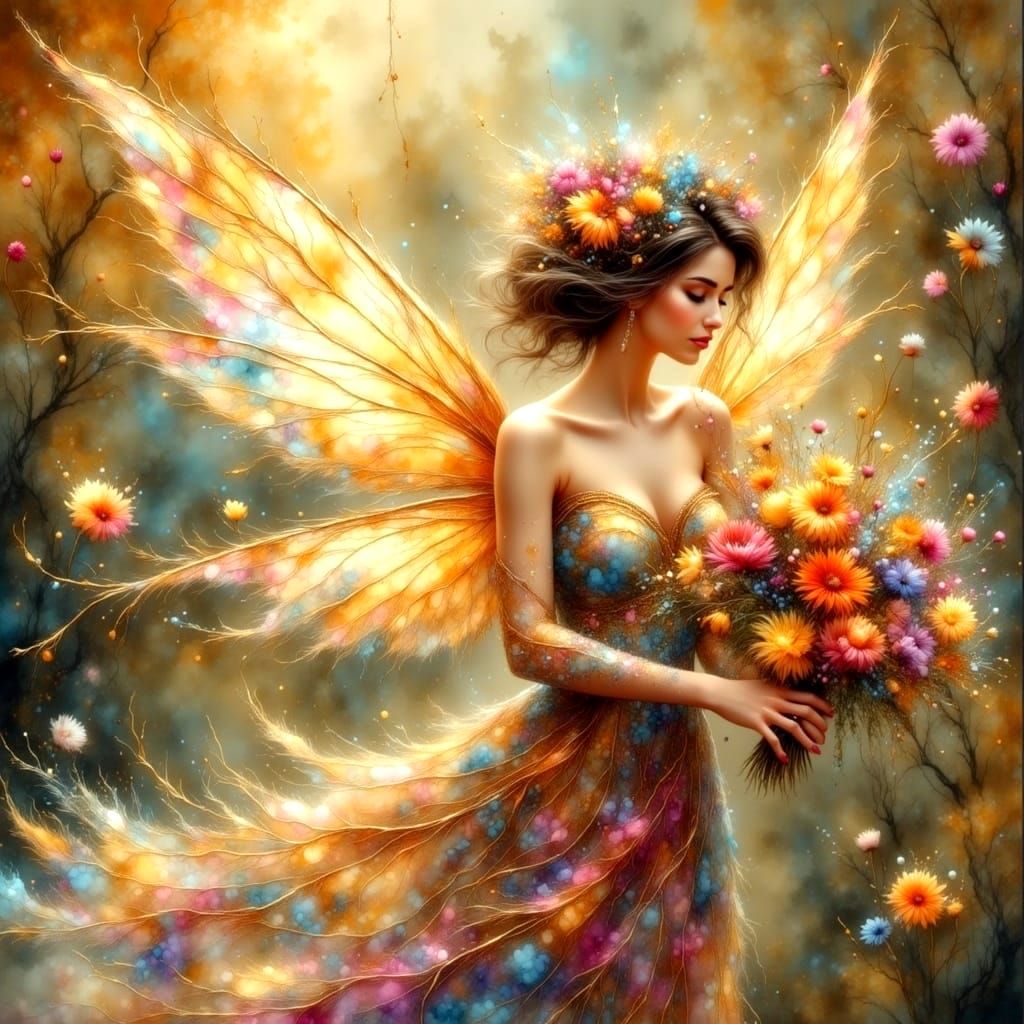 Ethereal Fairy with Flowers in Alcohol Ink Style