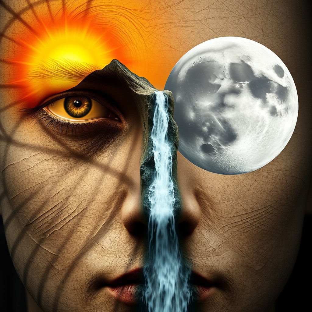 Surreal Face with Sun and Moon Eyes