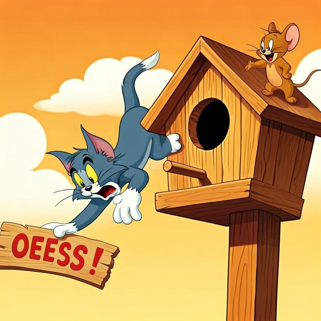 Tom & Jerry falling from a birdhouse holding a sign writing ...