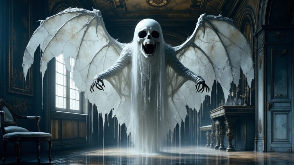Ethereal Specter in Haunted Room Illustration