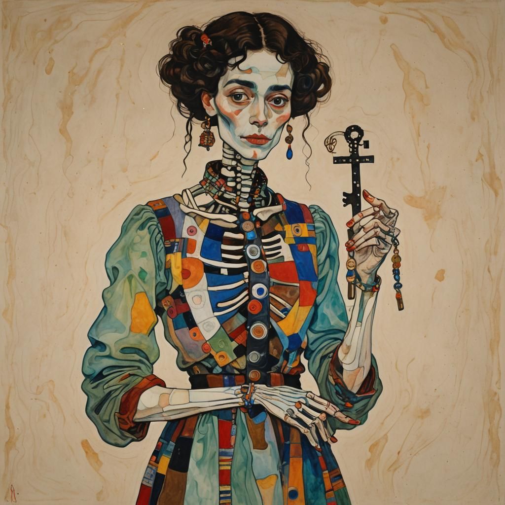 Woman with Skeleton Key: Gouache Painting
