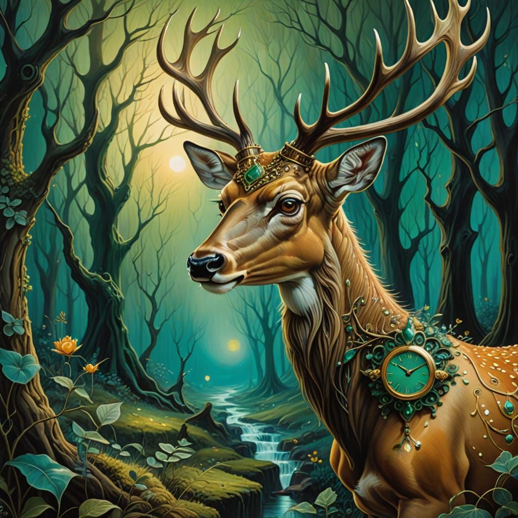 Surreal Deer Wearing Watch in Mystical Forest