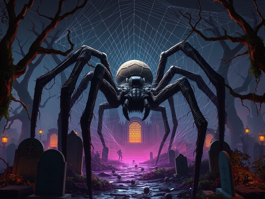 Majestic Spider Reigns Over Ancient Graveyard in Dark Fantas...