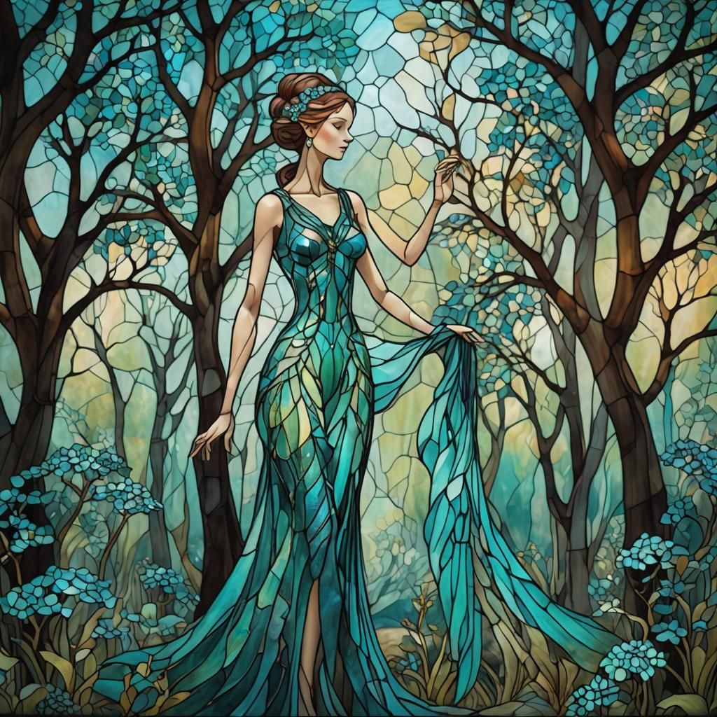 Whimsical Stained Glass Lady with Bioluminescent Dress