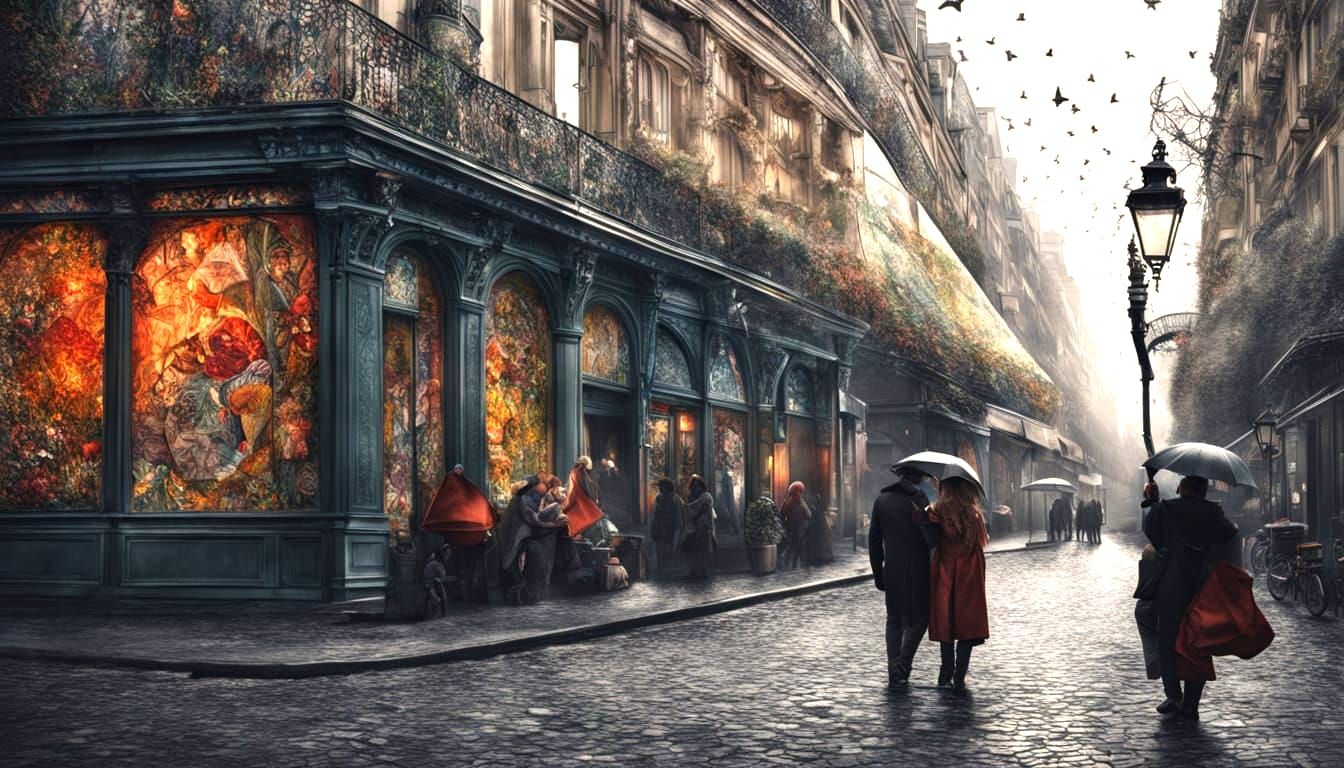 Paris Street Scene with Balloons in Art Nouveau Style