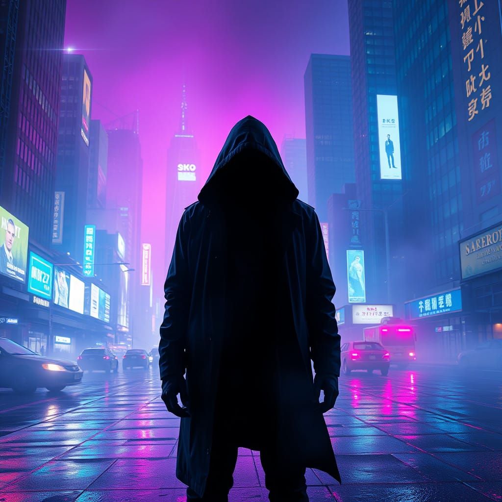 Mysterious Figure Radiates Power in Neon-Drenched Dystopian...