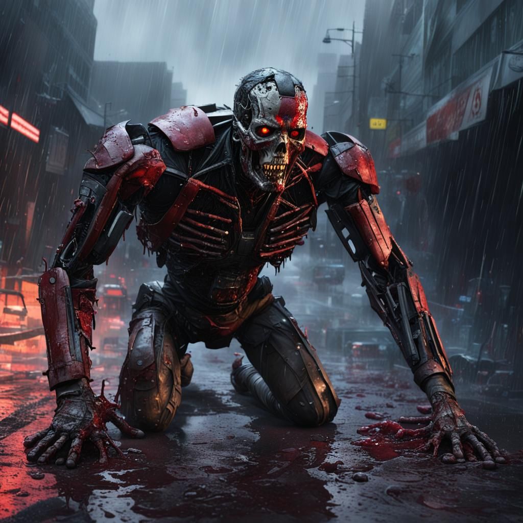 Desperate Escape from Menacing Terminator in the Rain