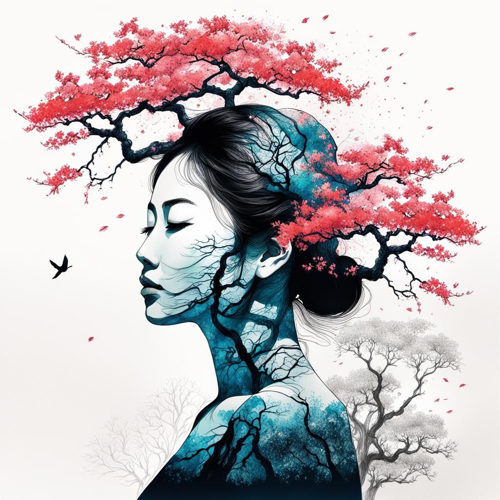 Sakura Silhouette: Detailed Ink Drawing in Double Exposure