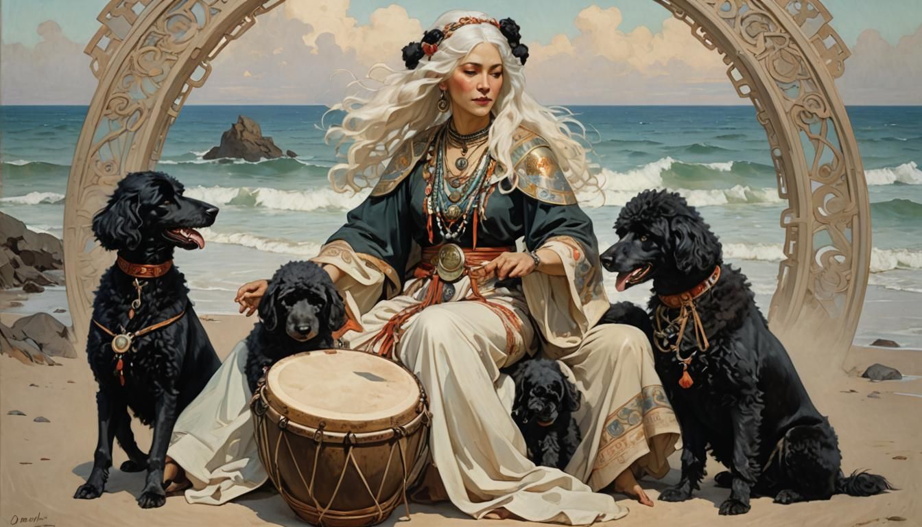 Shaman Drumming on Beach in Art Nouveau Style