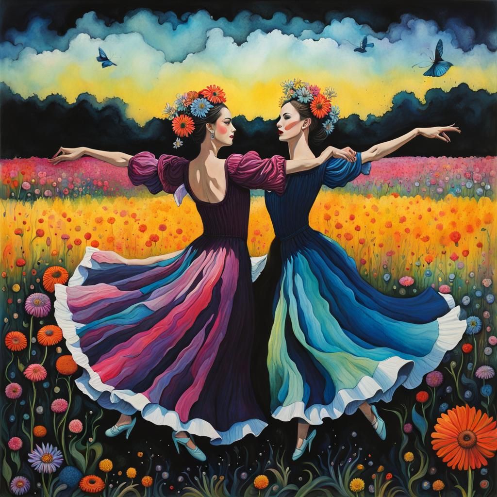 Surreal Dancers in Flower Field as Gouache Art