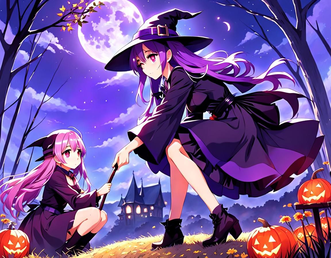 Sweet Purple Witch Helps a Lonely Girl in Anime Style