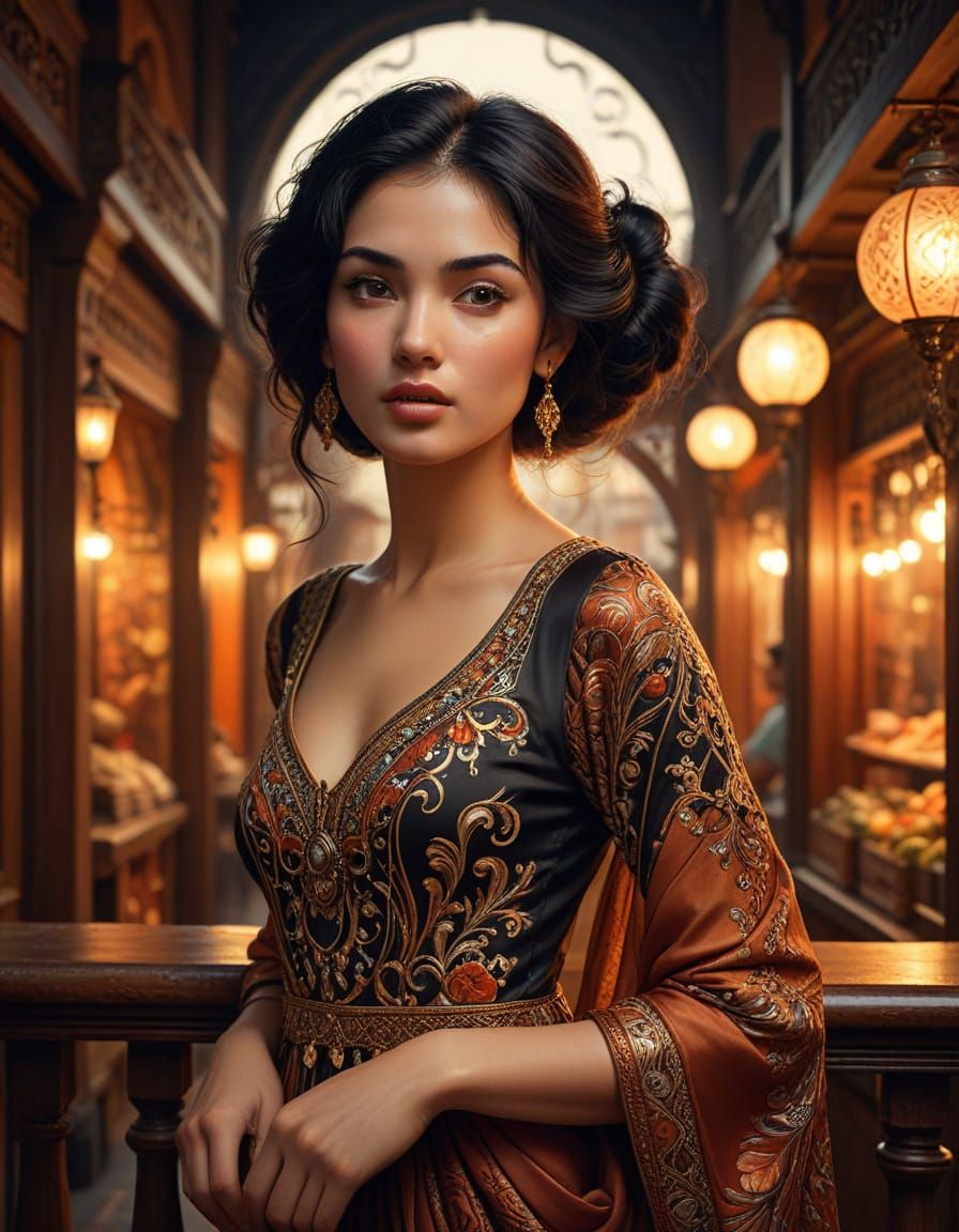 Art Nouveau Woman on Balcony Over Bazaar