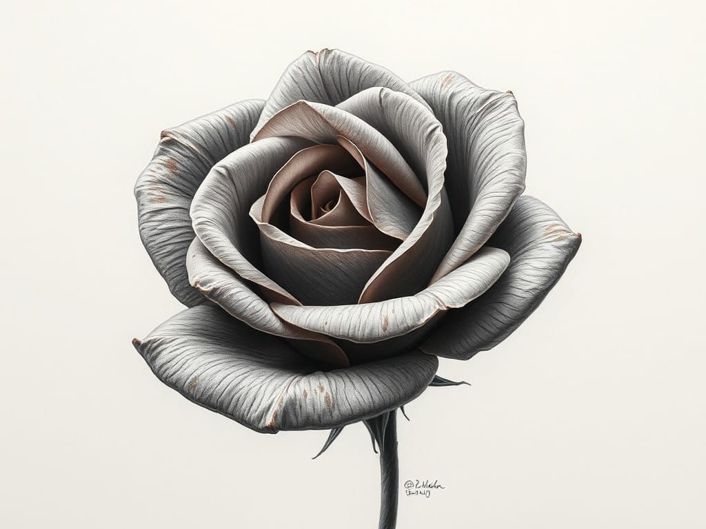Realistic Charcoal Pencil Drawing of a Velvet Rose
