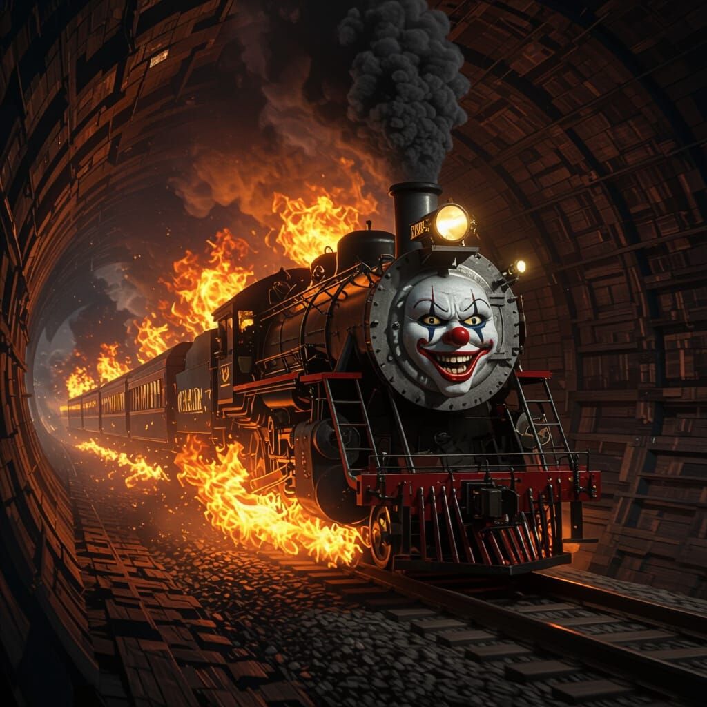 Fiery Crazy Train with Clown Face Speeds Through Dark Tunnel