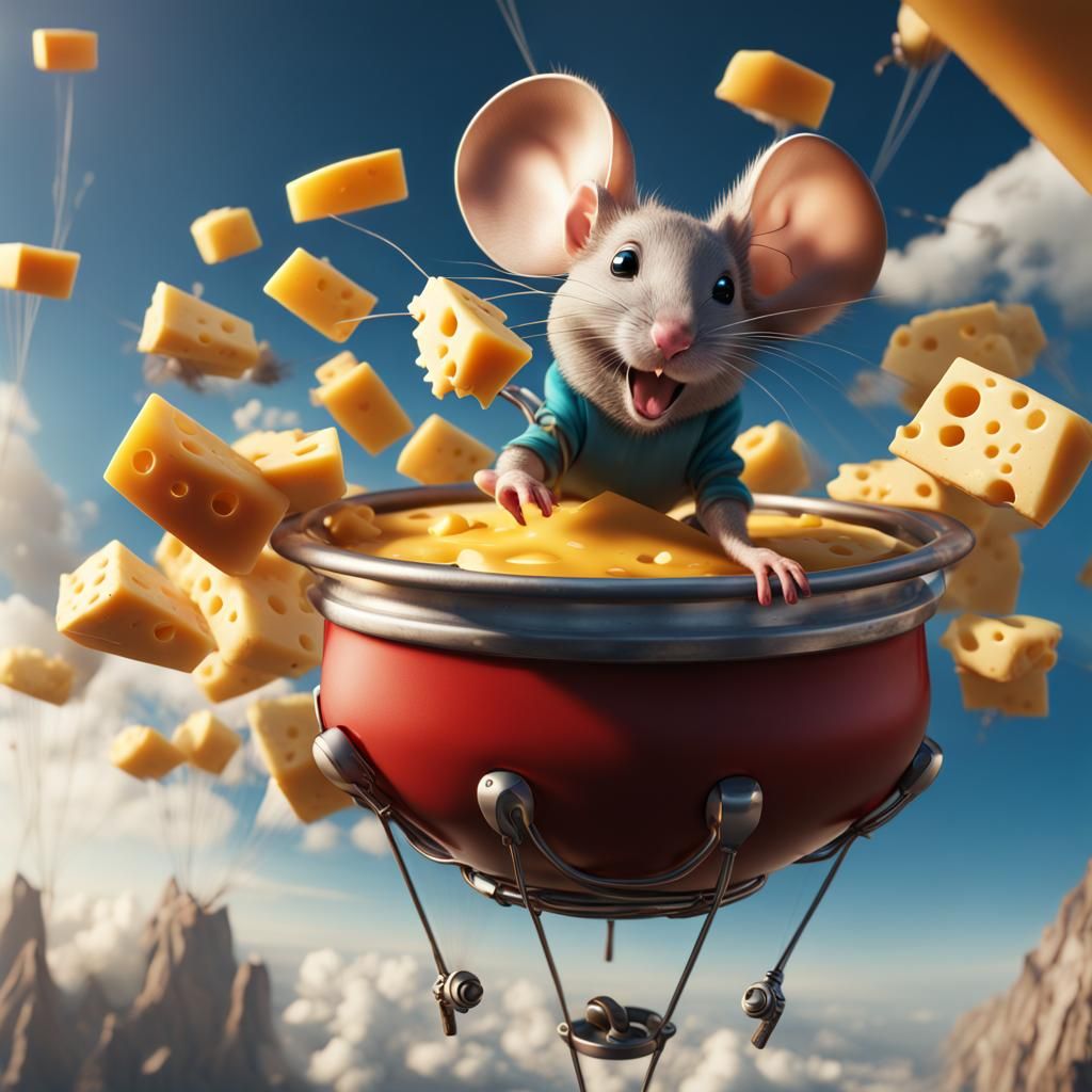 Mouse Skydiving with Cheese Parachute into Fondue