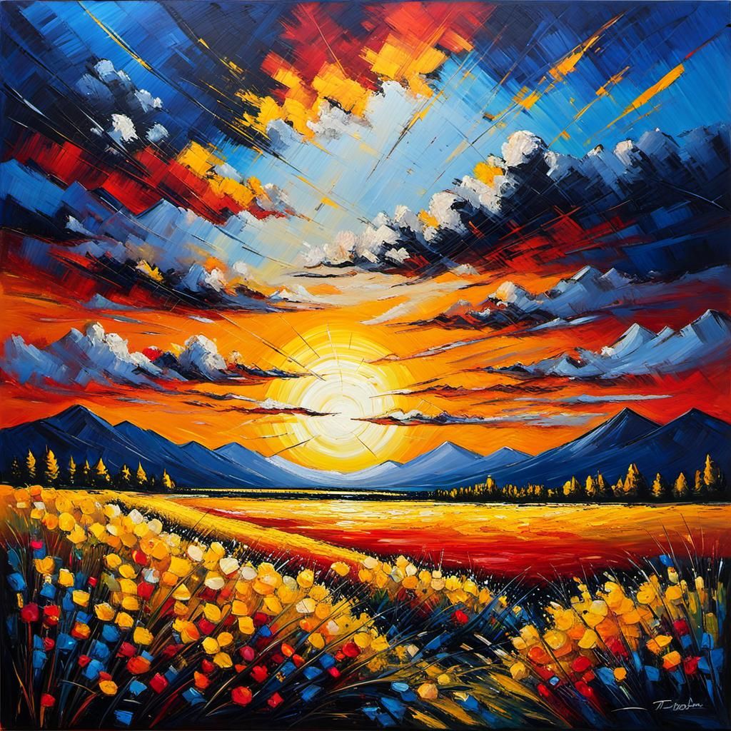 Encaustic Sunrise Landscape with Palette Knife Sky