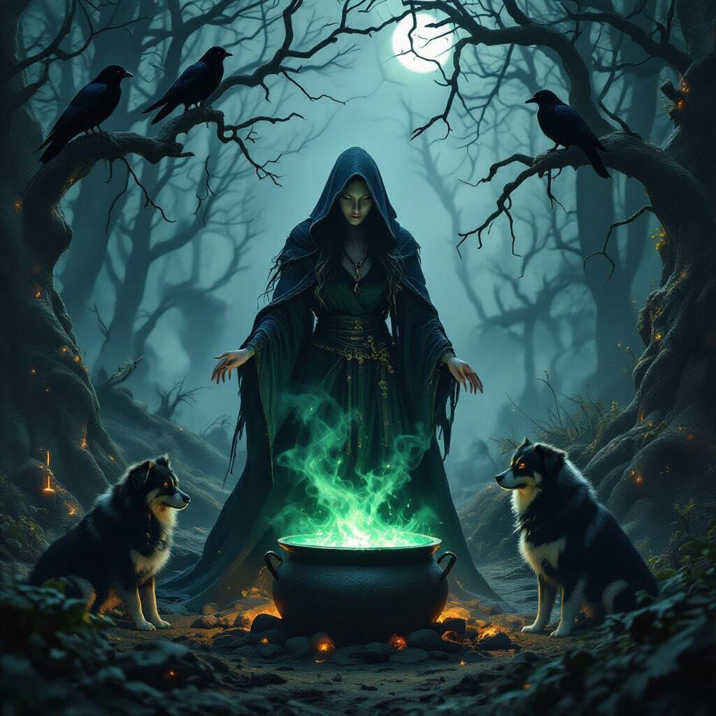 Mystical Witch in Forest Clearing with Cauldron
