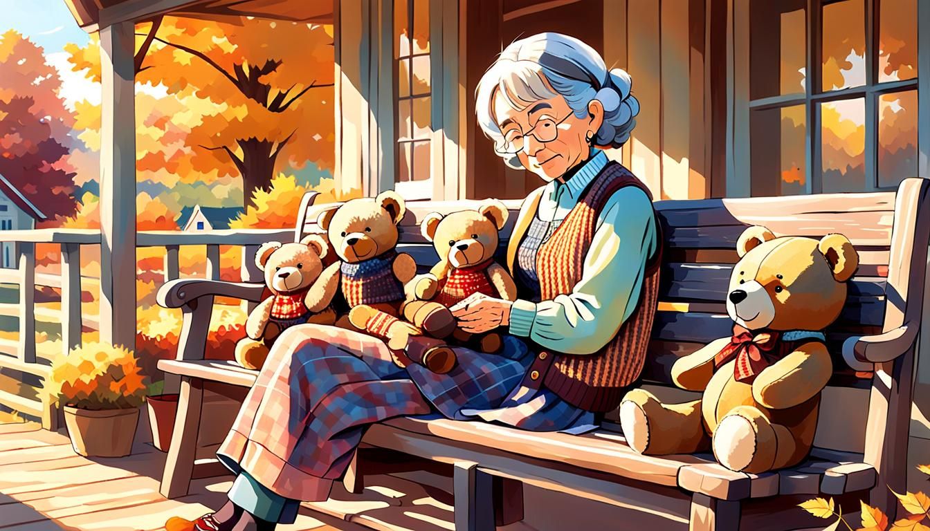 Anime Grandma Knitting with Teddy Bear