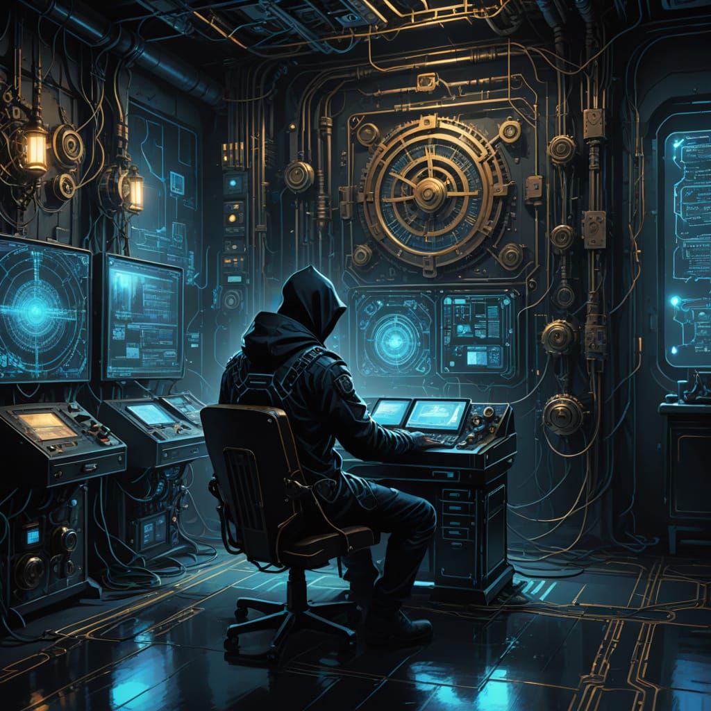 Steampunk Hacker in Cyberpunk City with Clockwork & Hologram...