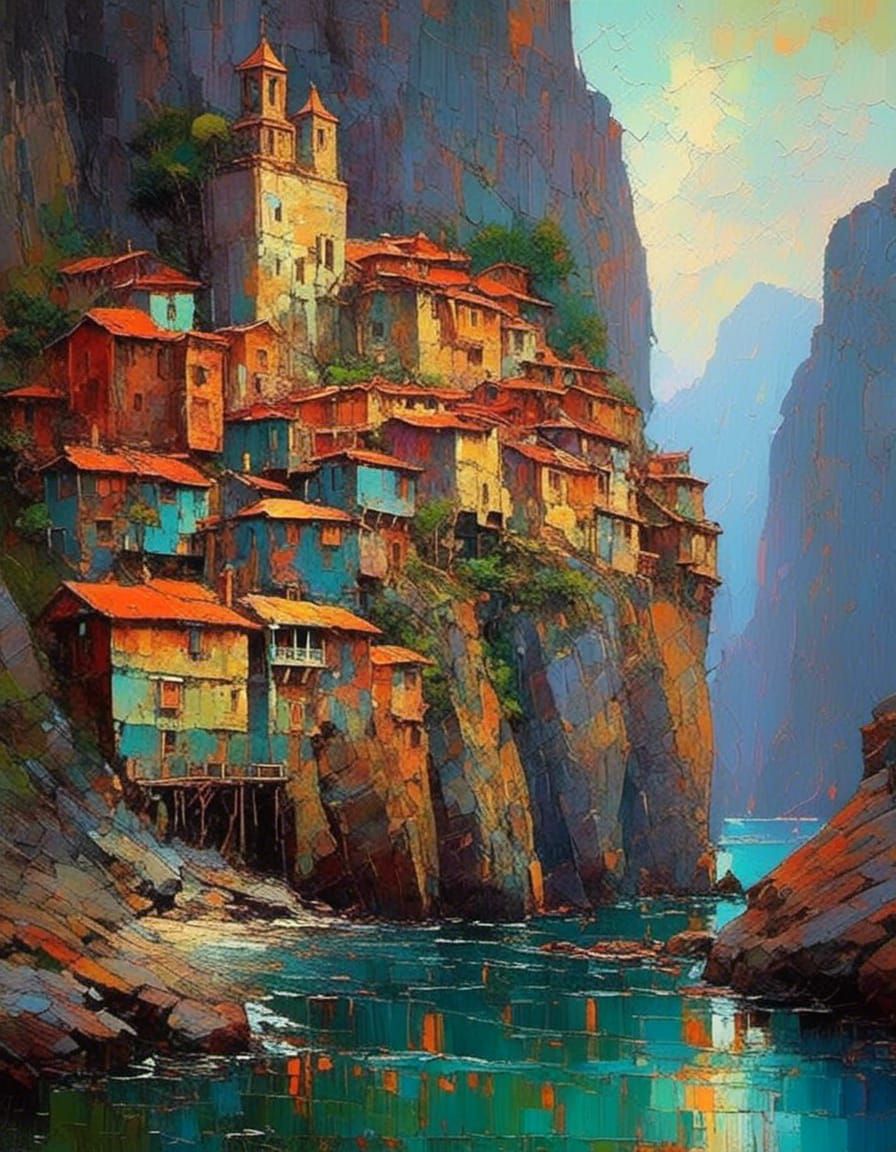 Fantastical Stone City in Impasto Landscape