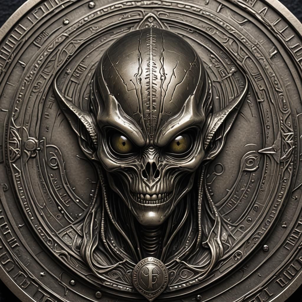 Engraved Coin Face of a Fantasy Alien