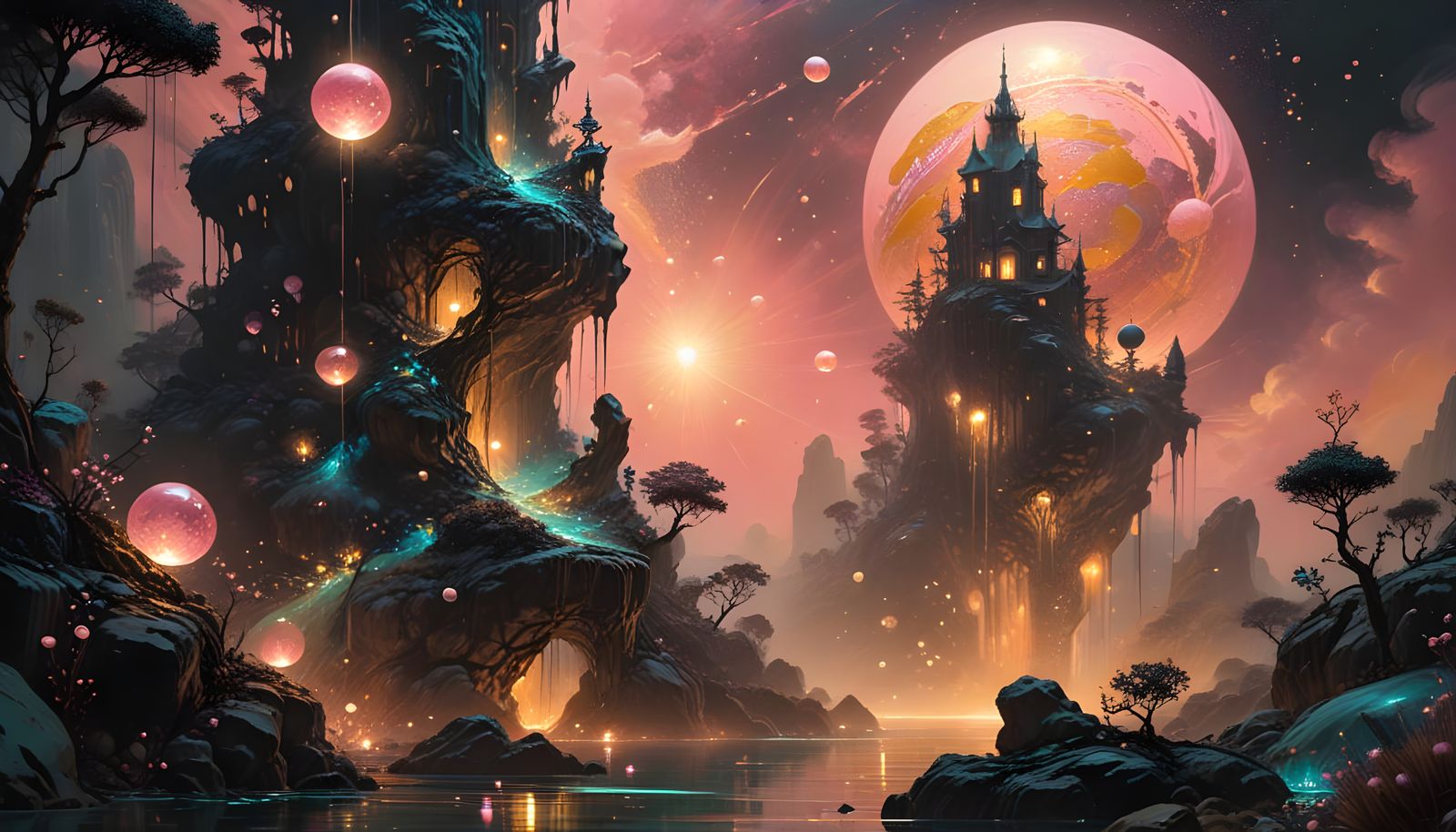 Bioluminescent Landscape with Impasto Painting Effects