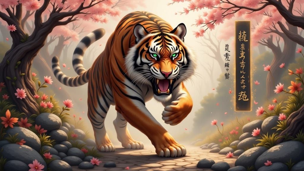 Muscular Bengal Tiger in Autumn Forest Digital Painting