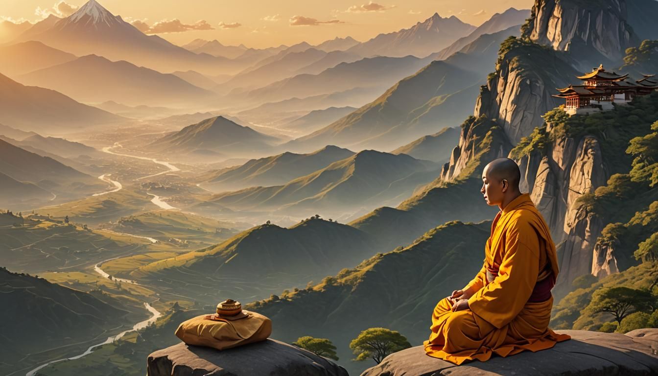 Monk Meditating on Mountain Ledge in Oil Painting Style